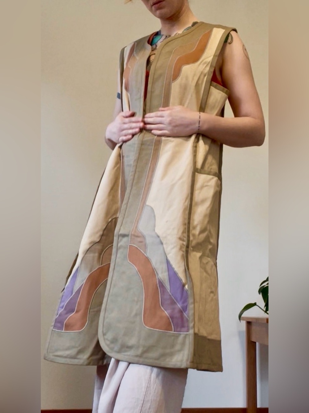 Vintage Long Vest or Duster - 1970s Desert Art Appliqué